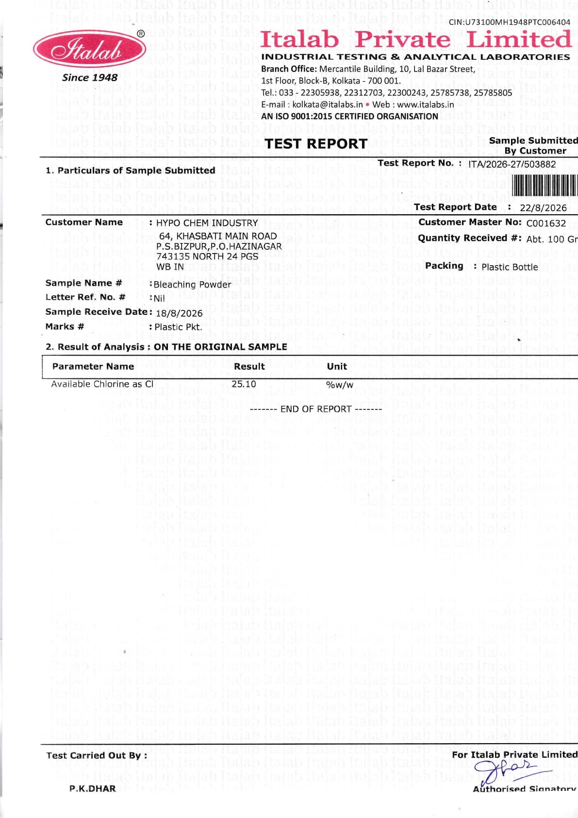 Bleaching Powder Test Report, Report dated 22 August 2026