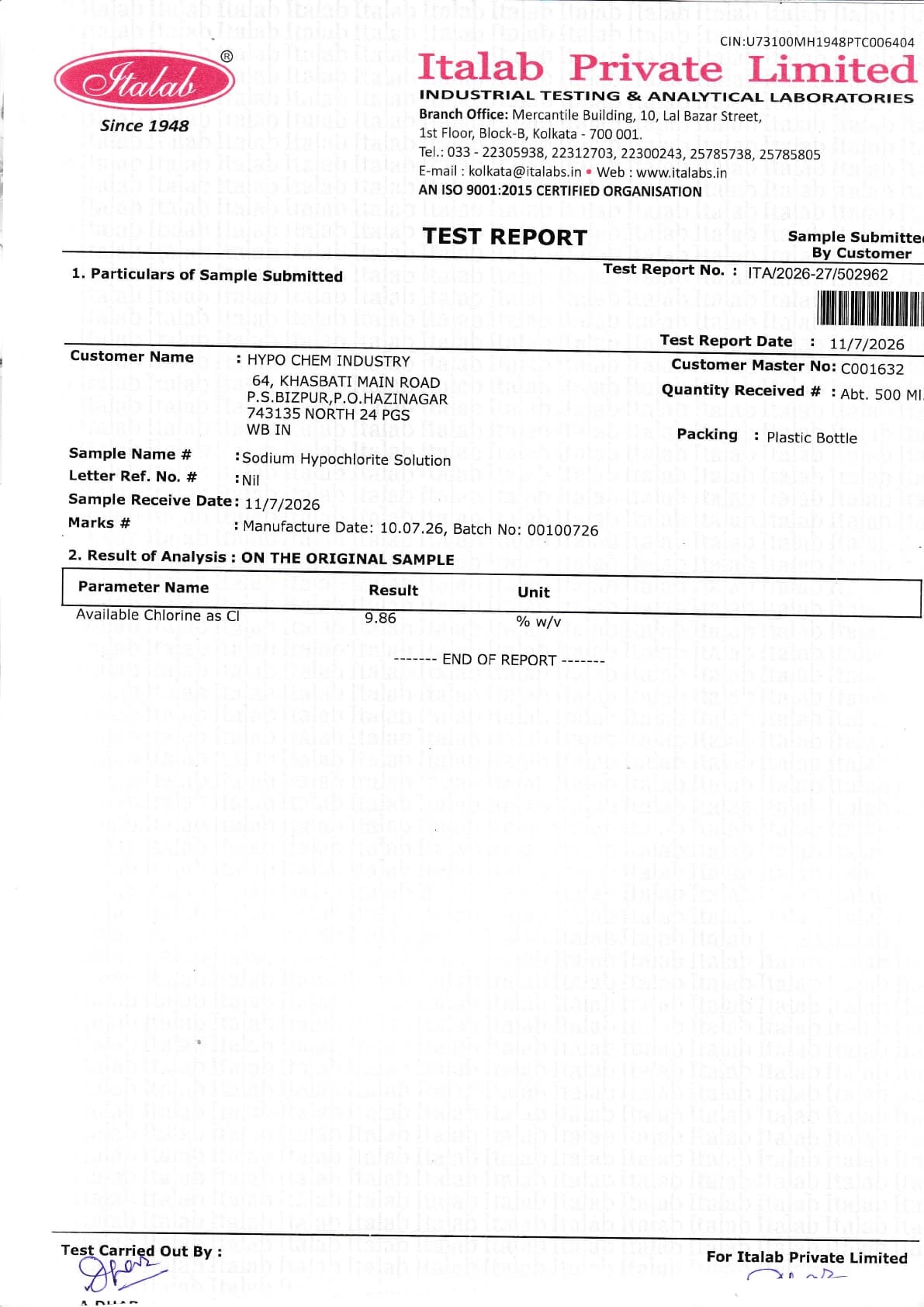 Sodium Hypochlorite Test Report, Report dated 11 July 2026