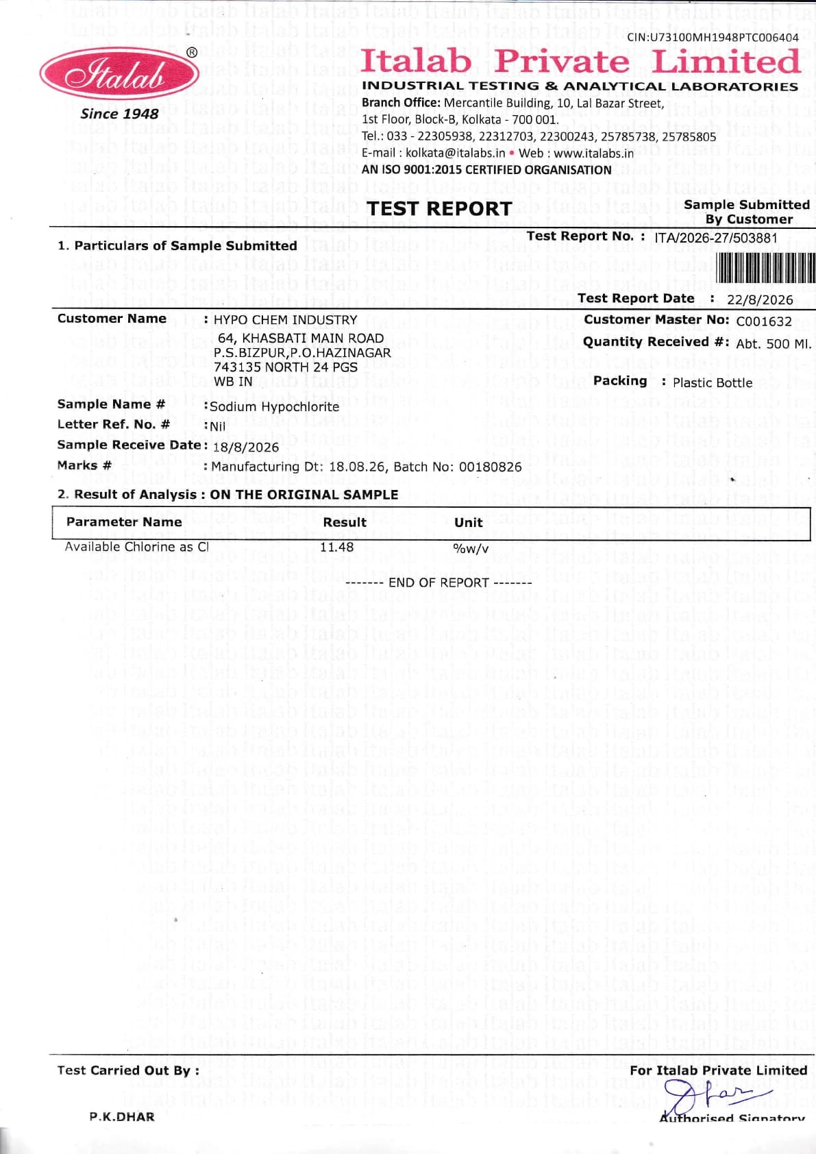 Sodium Hypochlorite Test Report, Report dated 22 August 2026
