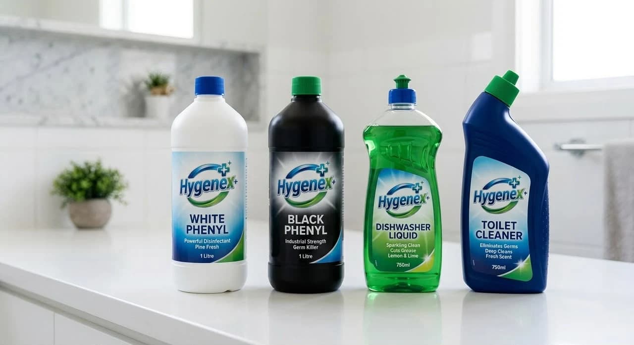 HygeneX Plus white phenyl, black phenyl, dishwasher liquid and toilet cleaner
