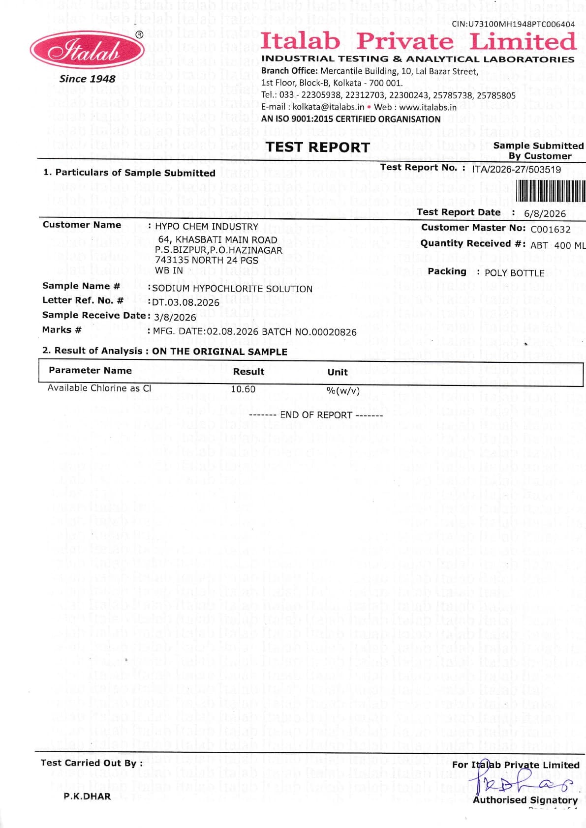 Italab test report for a Hypo Chem Industry Sodium Hypochlorite Solution sample